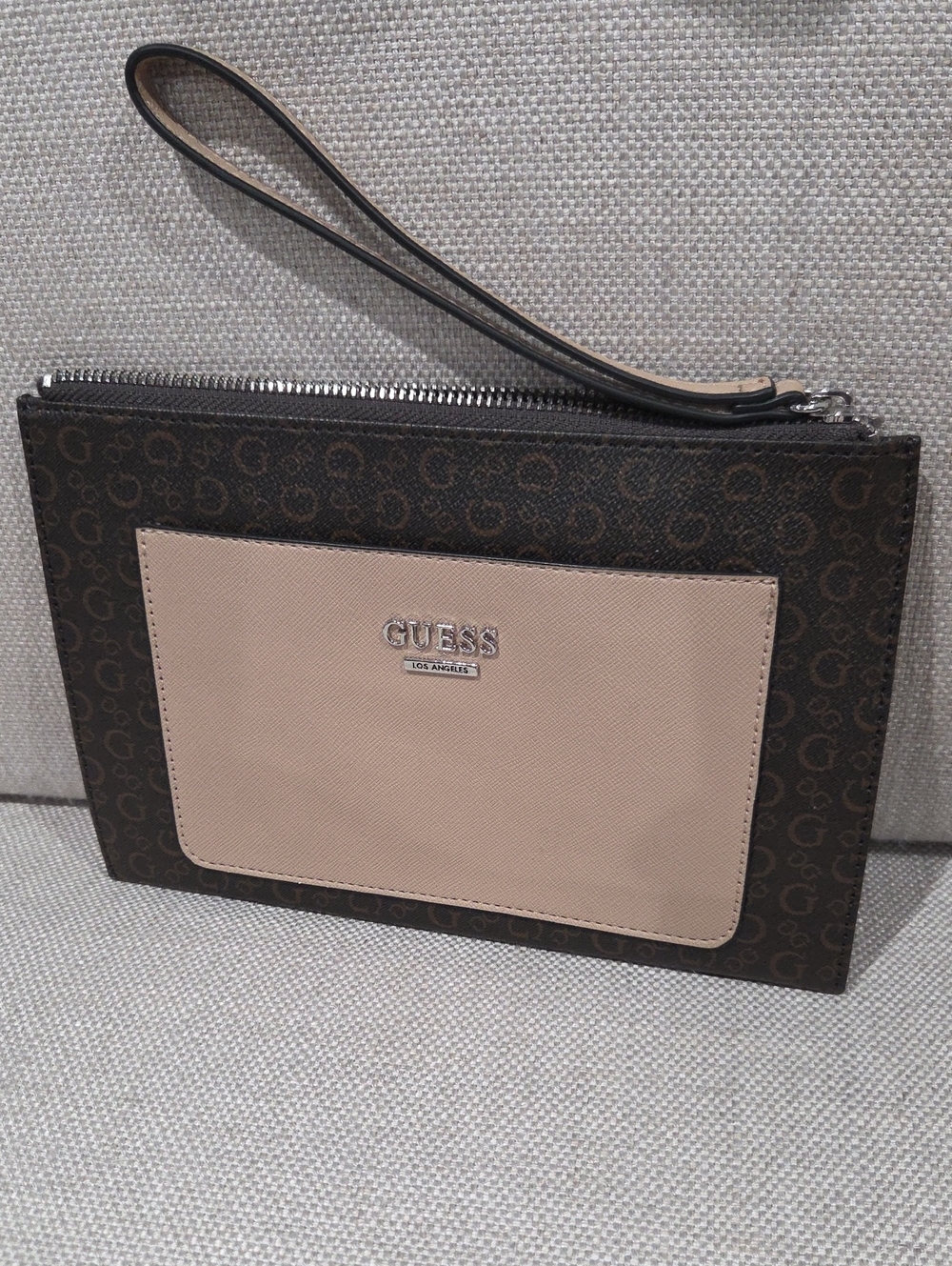 Guess Brown Logo Wristlet with Beige Front Pocket